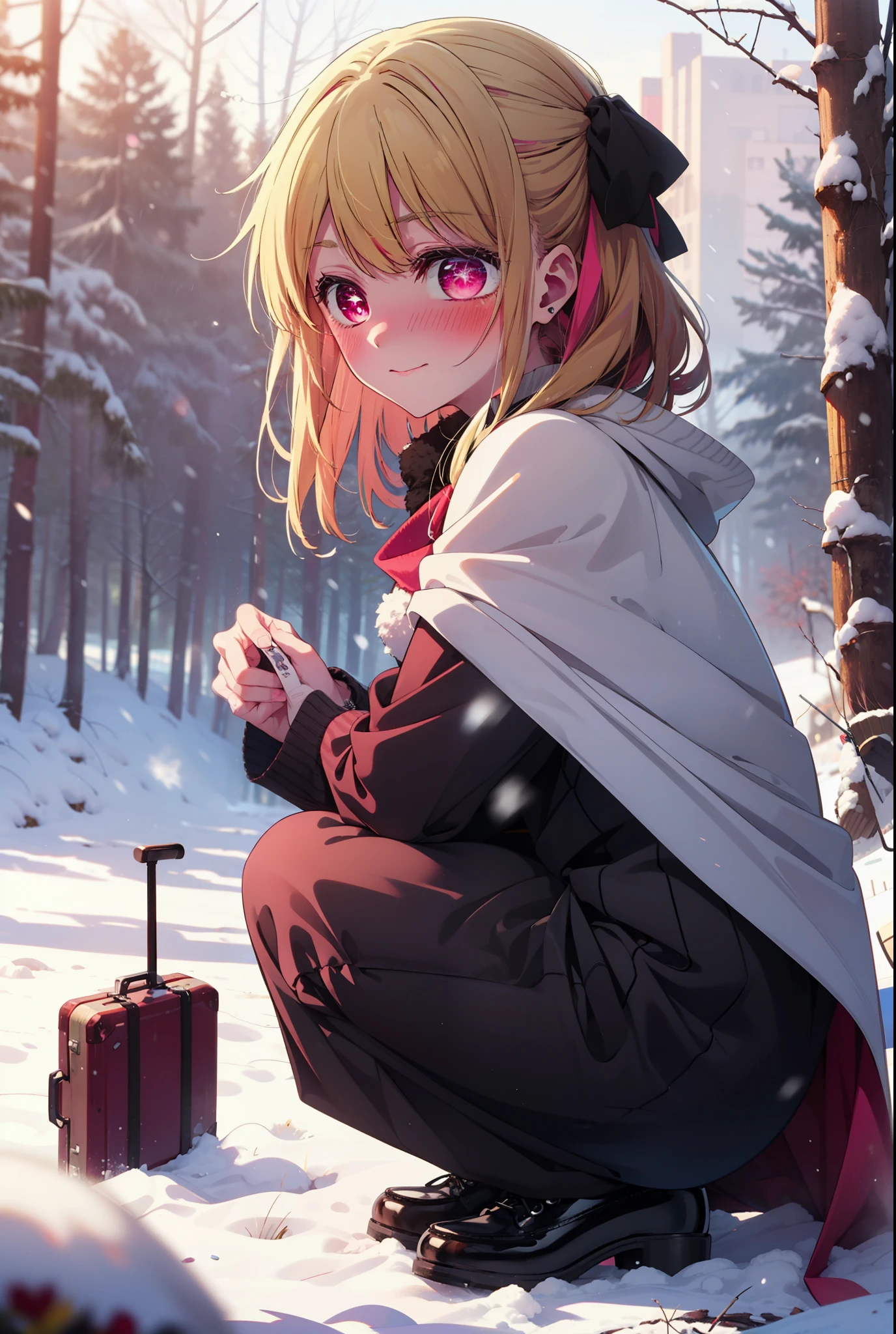 rubyhoshino, Hoshino Ruby, Long Hair, bangs, blonde, (Pink Eyes:1.3), Side Lock, (Symbol-shaped pupil:1.5), Multicolored Hair, Two-tone hair, smile,,smile,blush,white breath,
Open your mouth,snow,Ground bonfire, Outdoor, boots, snowing, From the side, wood, suitcase, Cape, Blurred, , forest, White handbag, nature, Squat, Mouth closed, Cape, winter, Written boundary depth, Black shoes, red Cape break looking at viewer, Upper Body, whole body, break Outdoor, forest, nature, break (masterpiece:1.2), Highest quality, High resolution, unity 8k wallpaper, (shape:0.8), (Beautiful and beautiful eyes:1.6), Highly detailed face, Perfect lighting, Highly detailed CG, (Perfect hands, Perfect Anatomy),