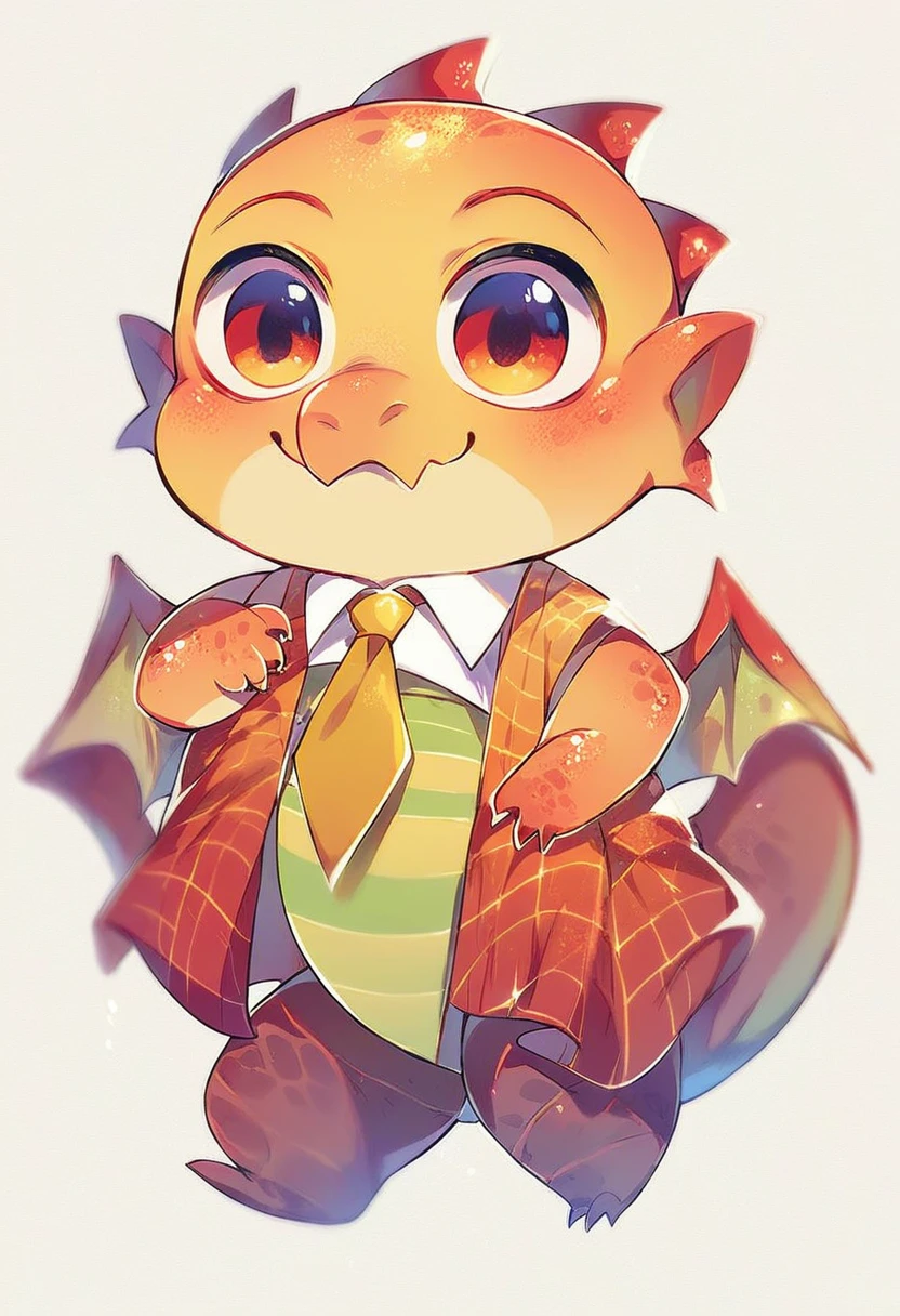 high quality, (cute little Dragon), (cartoon:1.3),(((chibi:1.2))),(pixar style:1.2),(cute expression:1.1), (Dragon), (cute little dragon), ((((red with yellowish colors)))), he wears a gold tie, (((White background)), 
