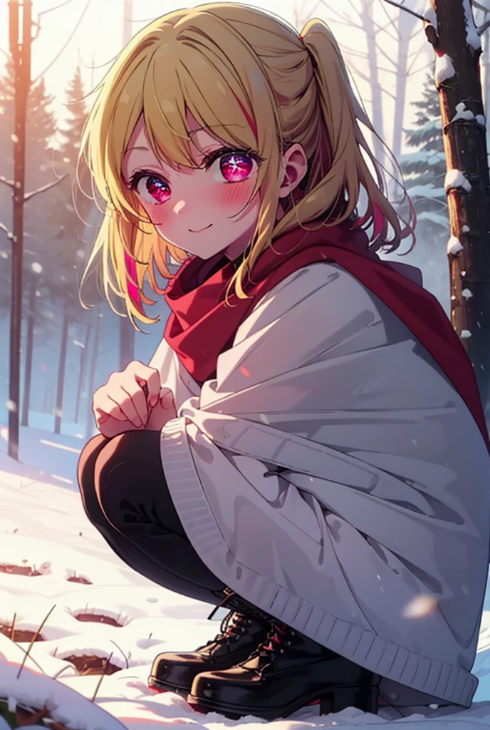 rubyhoshino, Hoshino Ruby, Long Hair, bangs, blonde, (Pink Eyes:1.3), Side Lock, (Symbol-shaped pupil:1.5), Multicolored Hair, Two-tone hair, smile,,smile,blush,white breath,
Open your mouth,snow,Ground bonfire, Outdoor, boots, snowing, From the side, wood, suitcase, Cape, Blurred, , forest, White handbag, nature, Squat, Mouth closed, Cape, winter, Written boundary depth, Black shoes, red Cape break looking at viewer, Upper Body, whole body, break Outdoor, forest, nature, break (masterpiece:1.2), Highest quality, High resolution, unity 8k wallpaper, (shape:0.8), (Beautiful and beautiful eyes:1.6), Highly detailed face, Perfect lighting, Highly detailed CG, (Perfect hands, Perfect Anatomy),