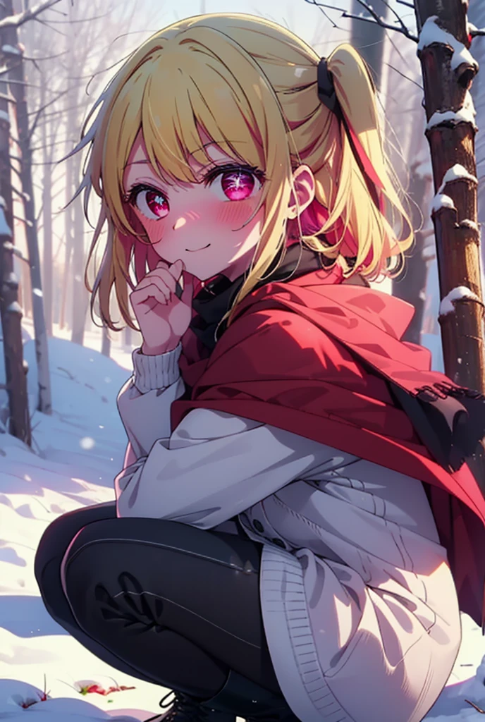 rubyhoshino, Hoshino Ruby, Long Hair, bangs, blonde, (Pink Eyes:1.3), Side Lock, (Symbol-shaped pupil:1.5), Multicolored Hair, Two-tone hair, smile,,smile,blush,white breath,
Open your mouth,snow,Ground bonfire, Outdoor, boots, snowing, From the side, wood, suitcase, Cape, Blurred, , forest, White handbag, nature, Squat, Mouth closed, Cape, winter, Written boundary depth, Black shoes, red Cape break looking at viewer, Upper Body, whole body, break Outdoor, forest, nature, break (masterpiece:1.2), Highest quality, High resolution, unity 8k wallpaper, (shape:0.8), (Beautiful and beautiful eyes:1.6), Highly detailed face, Perfect lighting, Highly detailed CG, (Perfect hands, Perfect Anatomy),