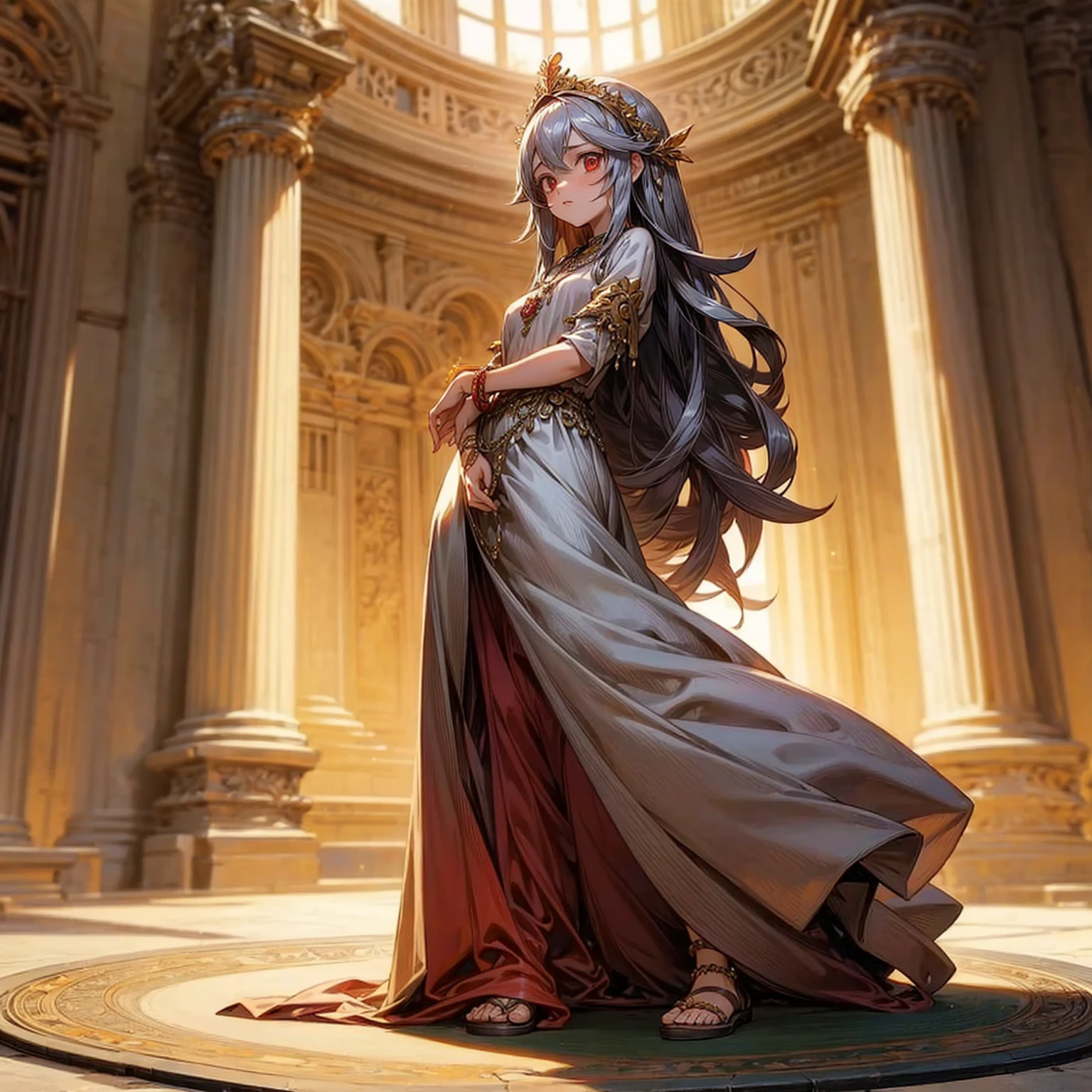 1childern girl, Full body version, 1character, red eyes, long haircut, silver colour hair, Ancient Roman clothing, long dress clothing, Bracelets, necklaces, Golg sandals , Grassroots, background indoor Castleford, motion blur, lighting, (one piece art)