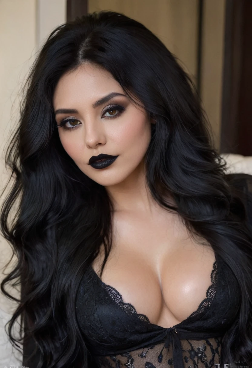 a closeup of a woman with long black hair and a black top, dark hair and makeup, black fur cuervo, black fur oscuro, dark lipstick, long black fur, black fur largo ondulado, dark hair, dark hair, dark hair, black fur azabache, Lush unkempt black hair, black fur, black lipstick, lush black hair