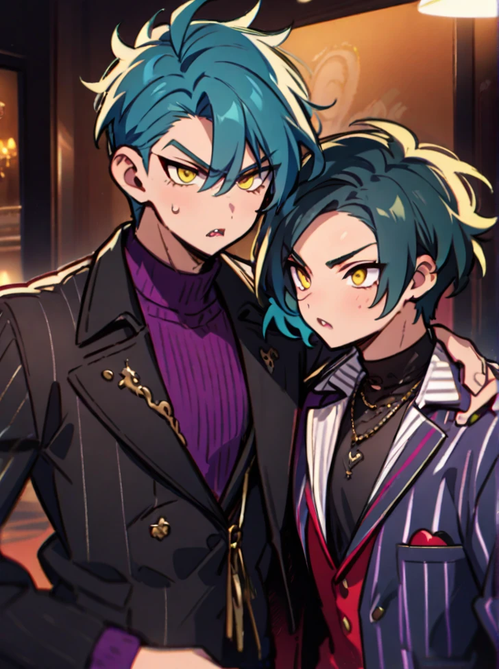 Boy (black and turquoise hair, short hair, yellow eyes, An ironic look, modern clothes, fashion clothes, a vampire)