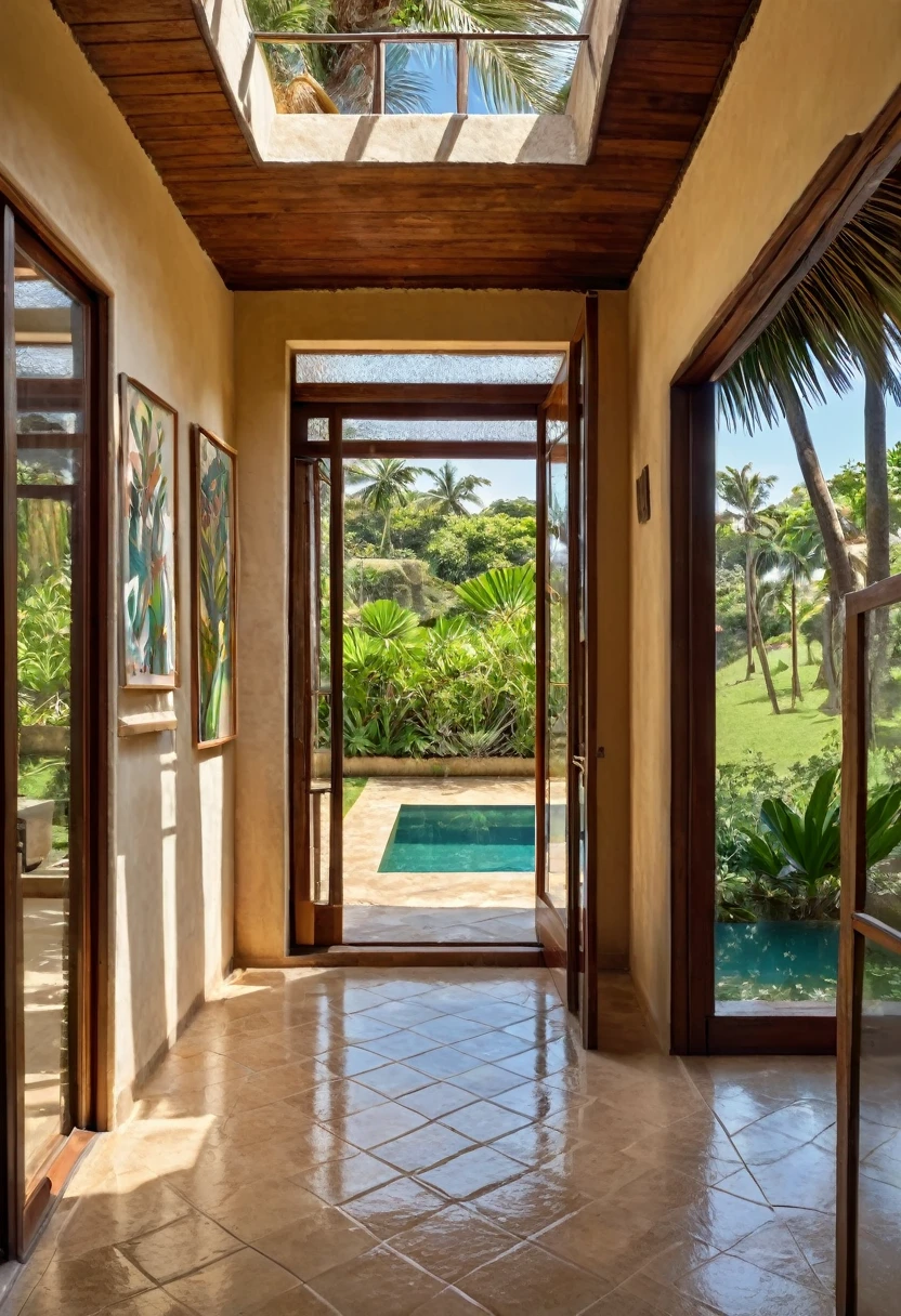 RAW image, taken on a Canon EOS R3, com lente telefoto teleobjetiva 300mm, 8K top quality, natural look, dawn, 3 pm hour, DSLR photo ultra detailed, realistic, ultra high res.photorealistic::1.5, Interior architecture in Brazilian tropical style. An internal corridor covered in Tamarind wood, with a retractable glass roof. On the walls 2 paintings by Tarsila do Amaral. The floor is rustic in Pedra Moledo Laguna Branca. This hallway overlooks the garden, with neatly trimmed grass, tall palm trees, a huge square swimming pool, light brown sun loungers, open wooden sliding doors, breeze, sea, sand. 
