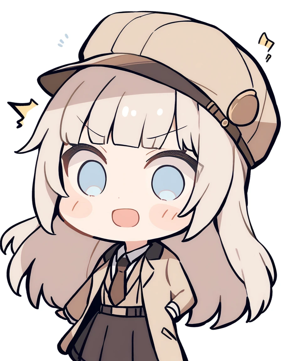 One girl, Beige hair、Long Hair、Bangs、Detective Suit、chibi,Light blue eyes、simple background、Surprised face、Newsboy hat、skirt
