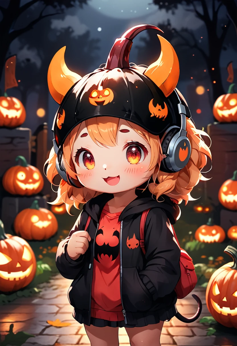Halloween pumpkin, Master Works, Best image quality, Higher quality, Ultra-high resolution, 8k resolution, Attention to detail, First Person View, Fresh illustration style, cute, cute幸せ, Pumpkin Headset, Awesome magic hat, Little devil horns, Flashlight, Black and Red, Night Background
