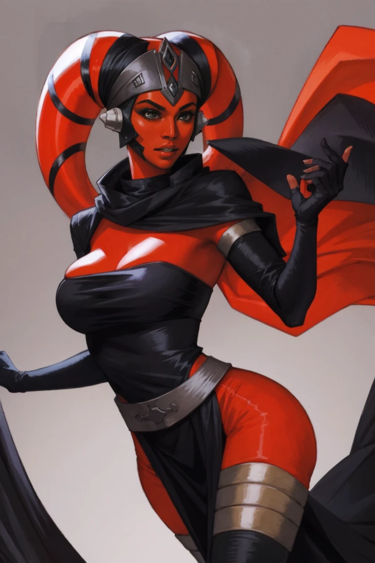 Brutal Red Skin Twi'lek with huge breasts wearing futuristic ((sleek (black) tunic)), robes, cowl, cape, huge breasts, slim hips, small waist, full-body shot, cleavage