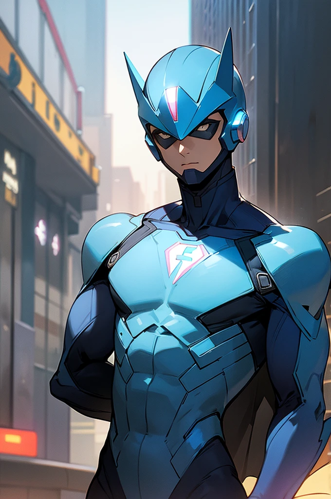 blue super hero suit, blue super hero helmet that covers head, young male, mature, adult, upper body, lean, street background, electronic chest glowing, speedster, 