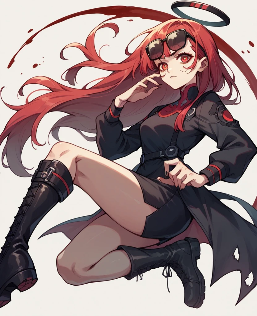 アニメ, best qualityer, Caucasian female, long red hair, Red eye , black long sleeve shirt with blood, very short black skirt , black long boots, black halo, black cyberpunk glasses on head, black devil syrup