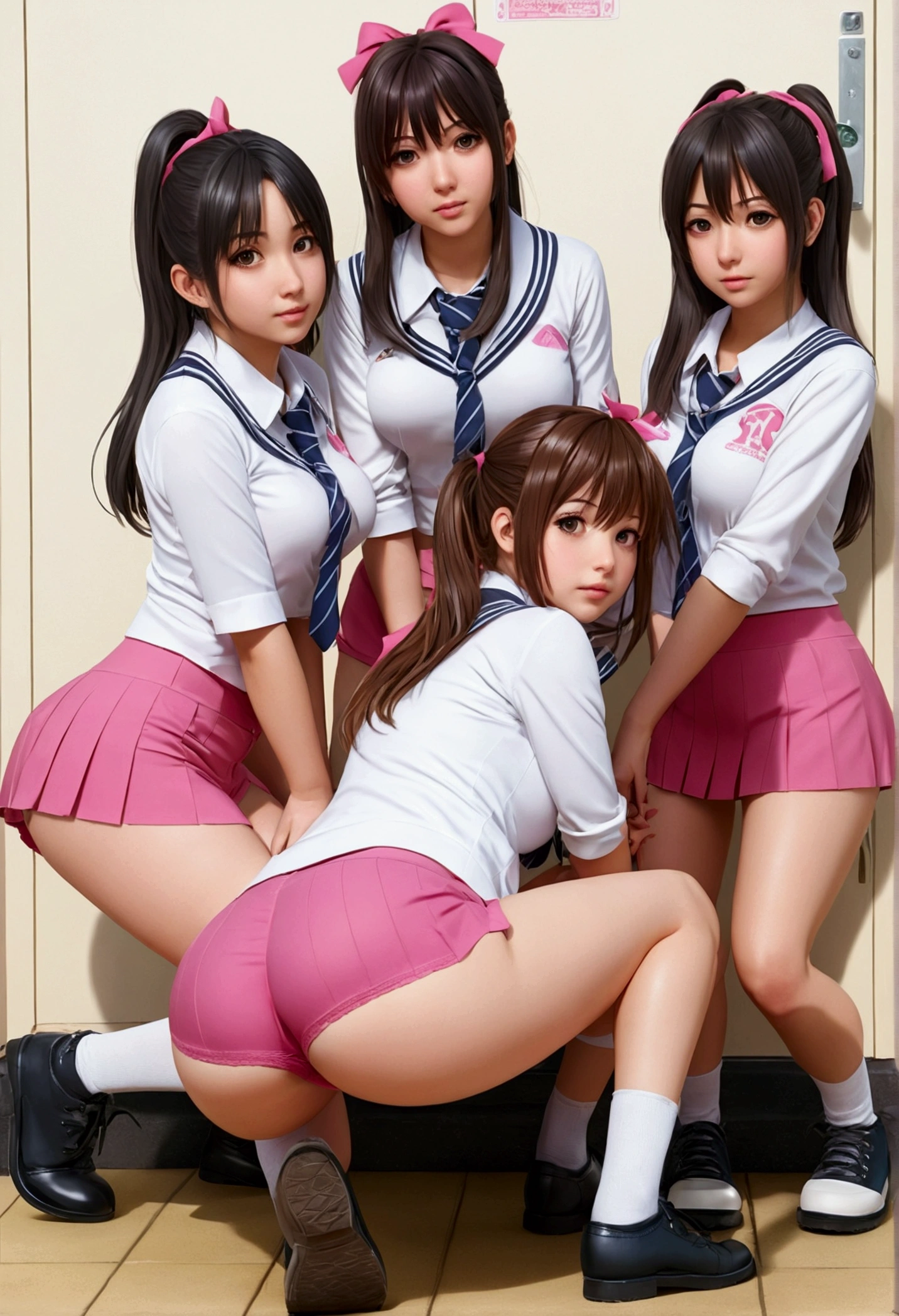 a cartoon of a foursome girl with a big ass and pink panties, Oppai, hyperrealistic schoolgirl, cute anime girl squatting, a hyperrealistic schoolgirl, realistic , , Ecchi, the anime girl is squatting, Ecchi anime style, Ecchi style, bochechas grandes, cute , from school