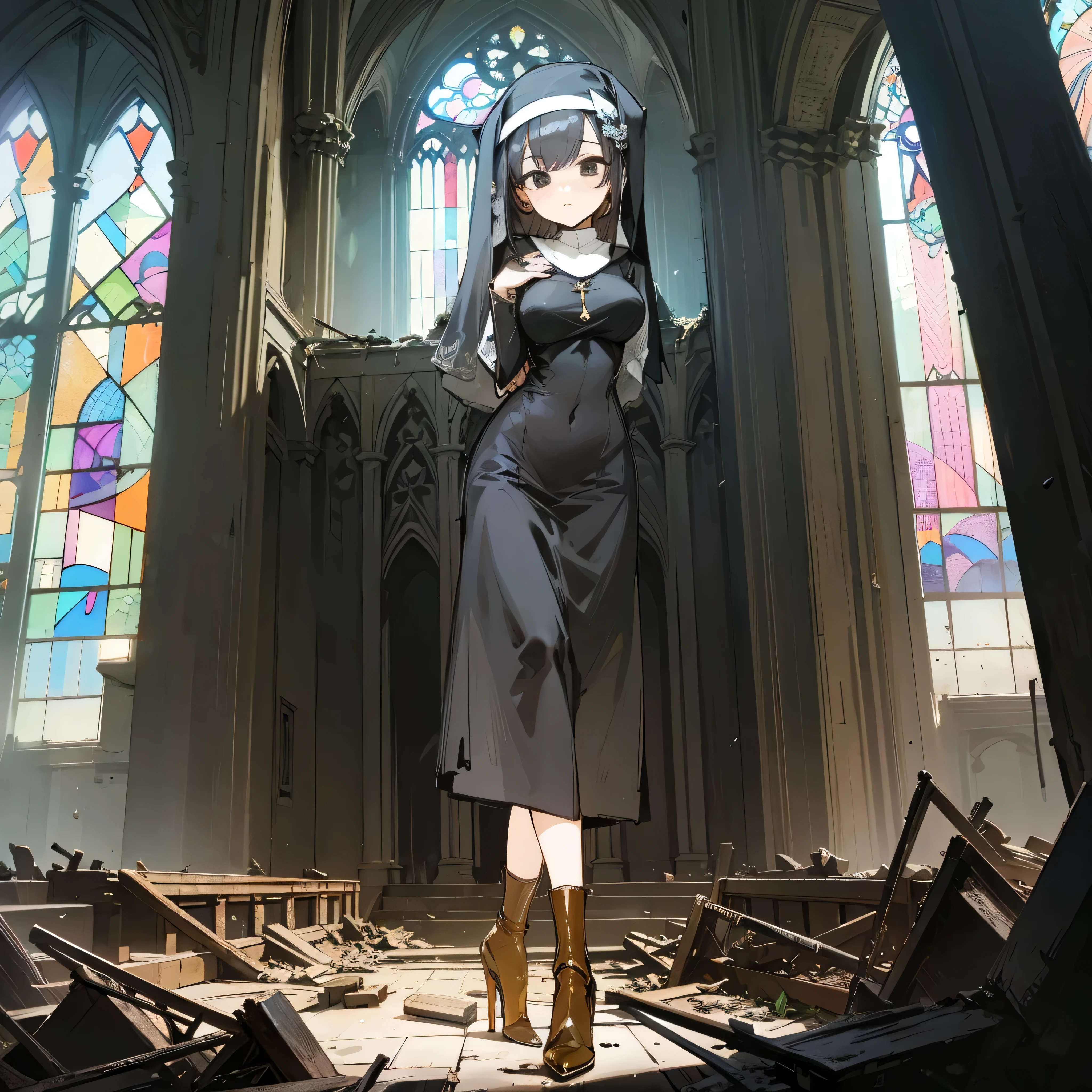 (solo), 1 skinny nun, sheer black nun's robe, large breasts, stiletto heels, BREAK, black short hair, long sidelocks, black eyes, BREAK, short torso, skinny waist, skinny long legs, BREAK, old rotten church, devastated ruin, stained glass