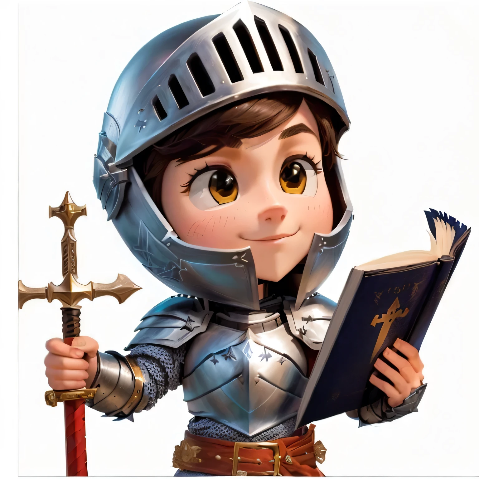 a close-up of a cartoon character holding a book and a sword, holy armor, (((knightgirl))), dressed as a knightgirl, wearing armor!!, clothed in armor, emma watson as a knightgirl, wearing armor!, armor dress, high-quality character design, Joana D&#39;arch, holy medieval crusader, donald ????? as a knightgirl, fully armor dress