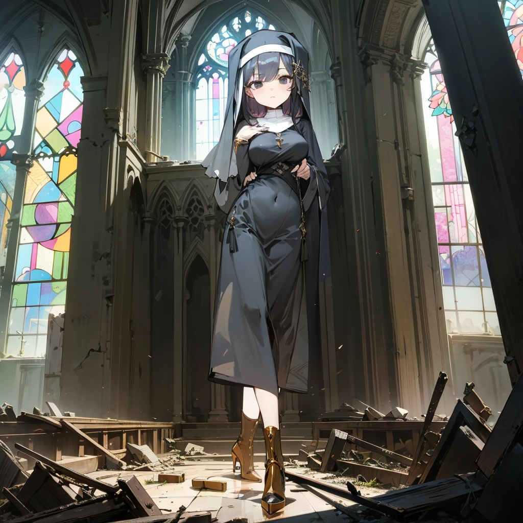 (solo), 1 skinny nun, sheer black nun's robe, large breasts, stiletto heels, BREAK, black short hair, long sidelocks, black eyes, BREAK, short torso, skinny waist, skinny long legs, BREAK, old rotten church, devastated ruin, stained glass