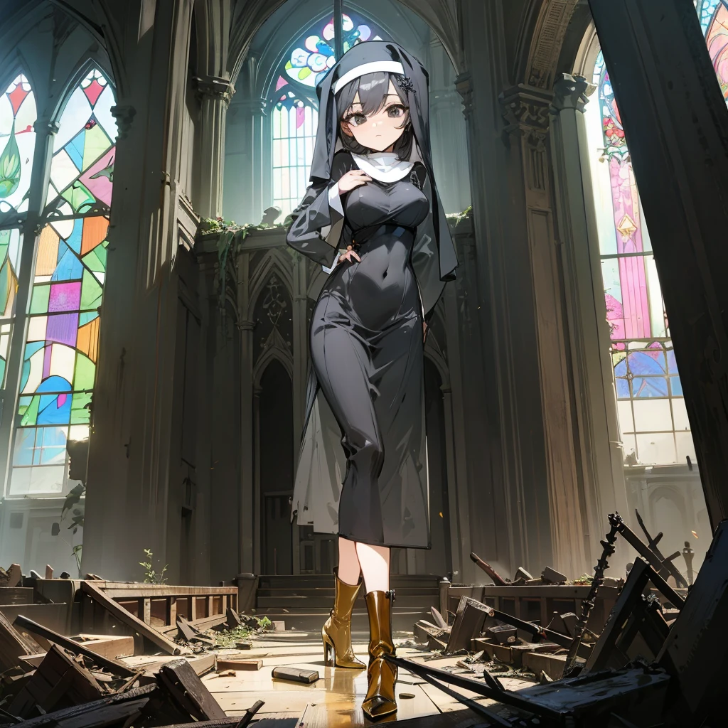 (solo), 1 skinny nun, sheer black nun's robe, large breasts, stiletto heels, BREAK, black short hair, long sidelocks, black eyes, BREAK, short torso, skinny waist, skinny long legs, BREAK, old rotten church, devastated ruin, stained glass