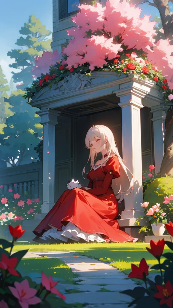 A beautiful garden,Lombard pines,weeping willows,Magnolias, tulips and red roses planted in the garden, a perfectly defined woman is wearing a carmine red dress, a cat sits at his feet and the magnificent blue sky rises above everything