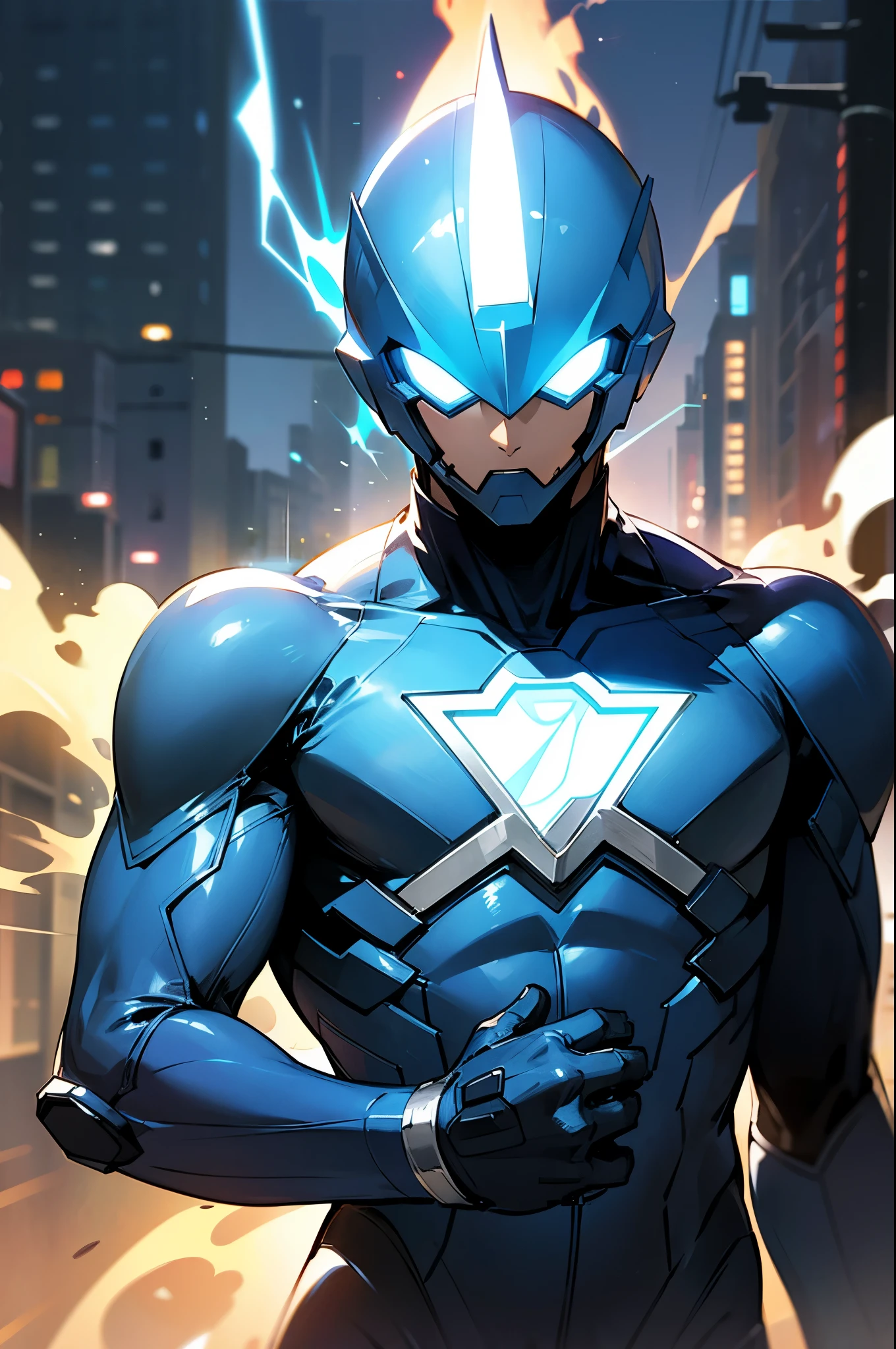 blue super hero suit, blue super hero helmet that covers head, young male, mature, adult, upper body, lean, street background, electronic chest glowing, speedster,