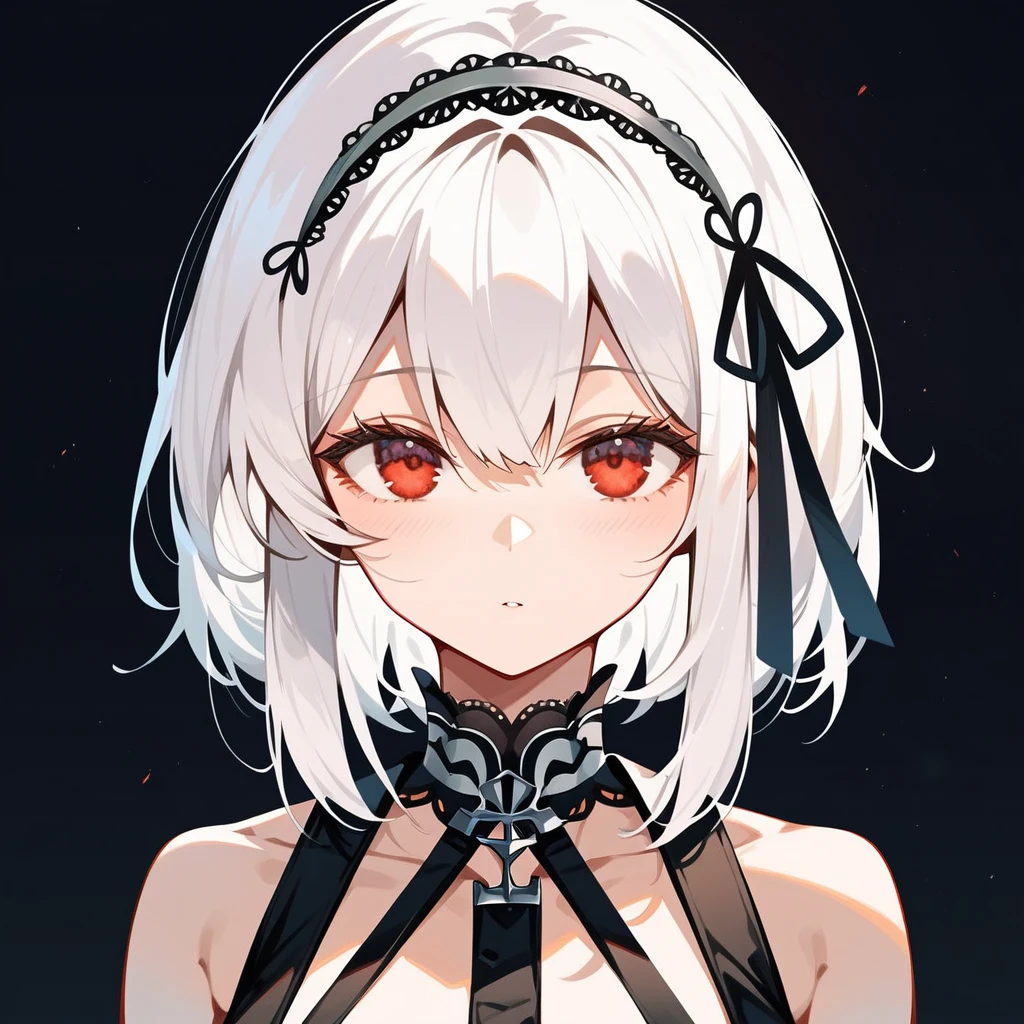 Fraction_9, Fraction_8_up, Fraction_7_up, Fraction_6_Direction_5_Direction_4_up, src_Japanese cartoons, Simple background, 1 Girl, Solitary, Sirius \(Azur Lane\), Red Eyes, White hair, , Long hair, Black lace ribbon,Look at the camera