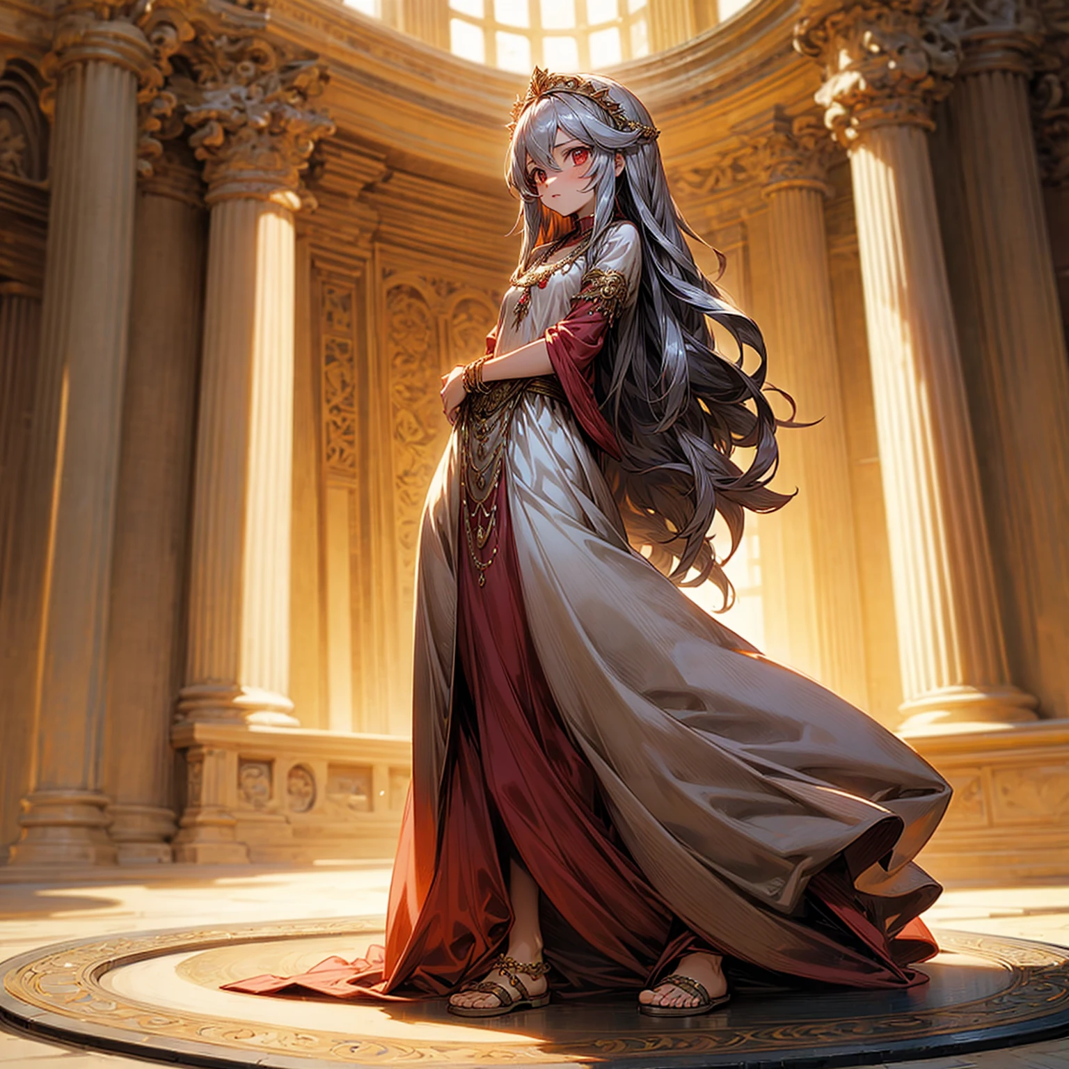 1childern girl, Full body version, 1character, red eyes, long haircut, silver colour hair, Ancient Roman clothing, long dress clothing, Bracelets, necklaces, Golg sandals , Grassroots, background indoor Castleford, motion blur, lighting, (one piece art)