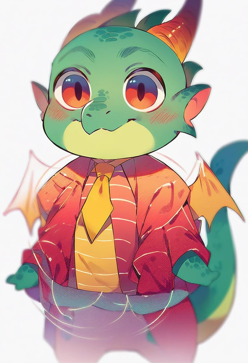 high quality, (cute little Dragon), (cartoon:1.3),(((chibi:1.2))),(pixar style:1.2),(cute expression:1.1), (Dragon), (cute little dragon), ((((red with yellowish colors)))), he wears a gold tie, (((White background)), 
