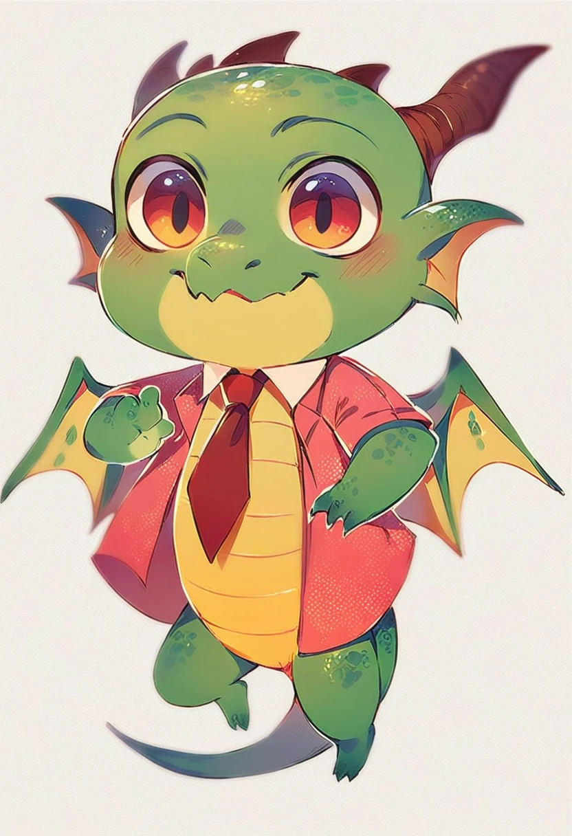 high quality, (cute little Dragon), (cartoon:1.3),(((chibi:1.2))),(pixar style:1.2),(cute expression:1.1), (Dragon), (cute little dragon), ((((red with yellowish colors)))), he wears a gold tie, (((White background)), 
