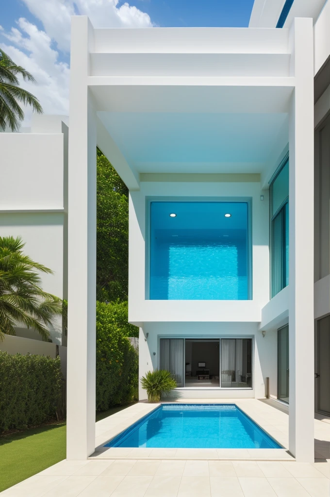 house with swimming pool, with white loungers