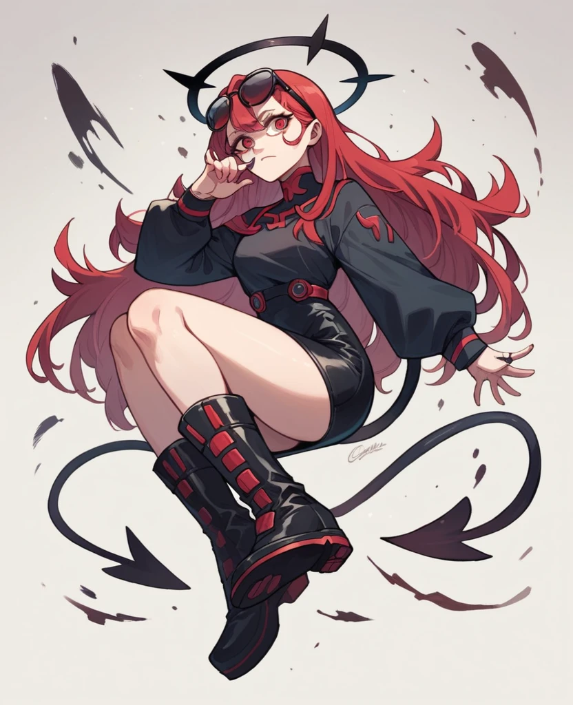 アニメ, best qualityer, Caucasian female, long red hair, Red eye , black long sleeve shirt with, very short black skirt , black long boots, black halo, black cyberpunk glasses on head, black devil syrup