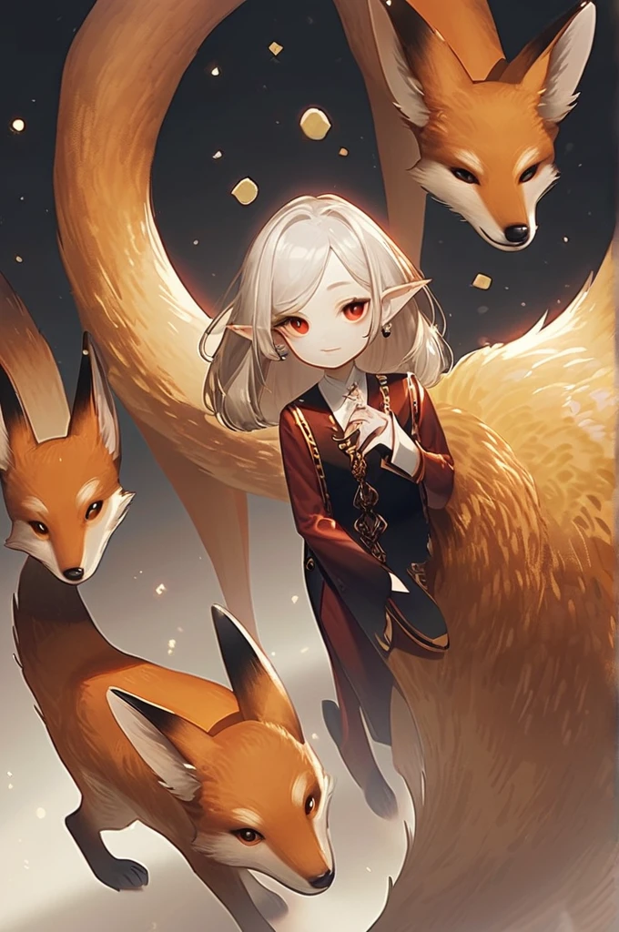 ((Лучшее качество)), ((шедевр)), (подробный), a fox, pointed ears and the tip of its tail, a flexible body, the skin casts silver and rusty-red highlights, they are larger and more elegant than an ordinary fox, vertical pupils close from the sides like a lizard