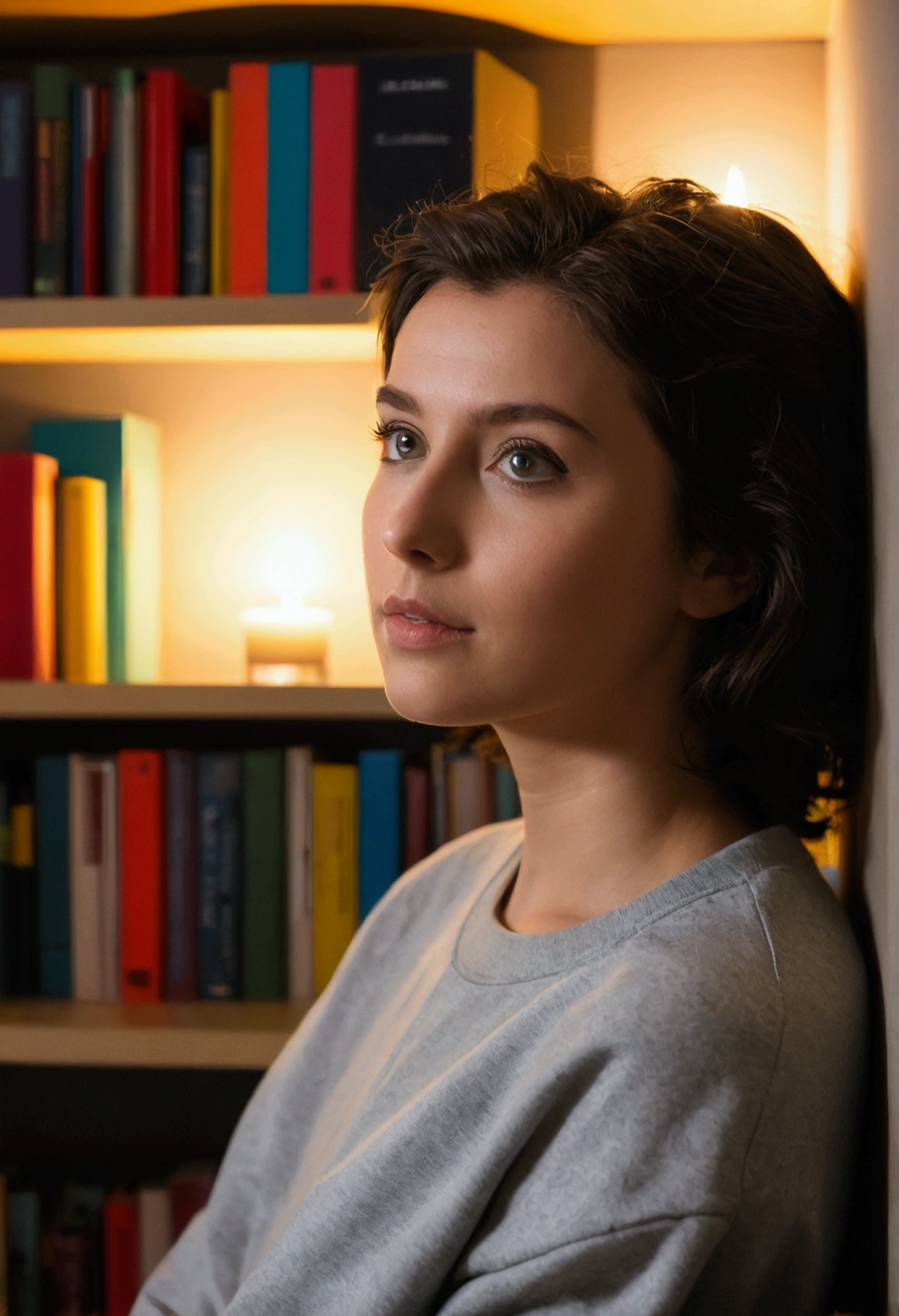 photo oF (Miaalves), une femme, perFect hair, Photo primée, sFw, Résistant (sweat-shirt, Pantalon de survêtement), (Un confortable, candlelit reading nook with overFlowing bookshelves), 70mm, F/8, ((auto Focus, couleur, DOF, OUVERTURE, 8k euh, Reflex numérique, Éclairage cinématographique, incroyablement détaillé et complexe, personnage, hypermaximaliste), (regarder le spectateur:1.3), perFect eyes, attirant, attractif, amoureux, perFect skin, (contexte détaillé), hyper réaliste, Super détaillé), (DOF, arrière-plan flou, bokeh), épiquePhoto,