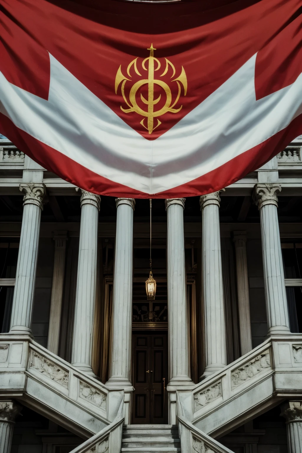 close-up image of a fictional flag flying over a palace, satanic theme, detailed