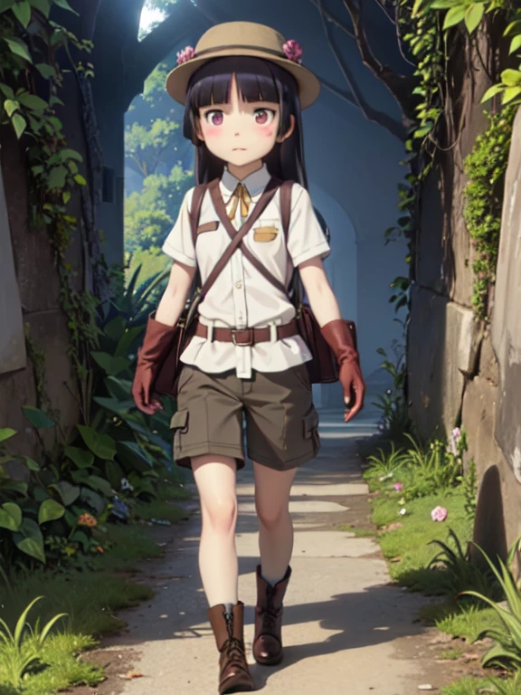 (masterpiece, Highest quality), (ruri gokou), blush, Black Hair, Mole, Mole under eye, One Girl, Long Hair, Hime cut, Jungle exploration, flashlight, telescope, Food Bag, rope, a notepad. Shorts,
Utility Vest, Safari Hat, Hiking boots, Durable gloves.
(Adventurous explorer at the entrance to a cave), Mysterious light seen in the distance,
Rock surface texture, Contrast between light and shadow, The mysterious atmosphere of nature. full body