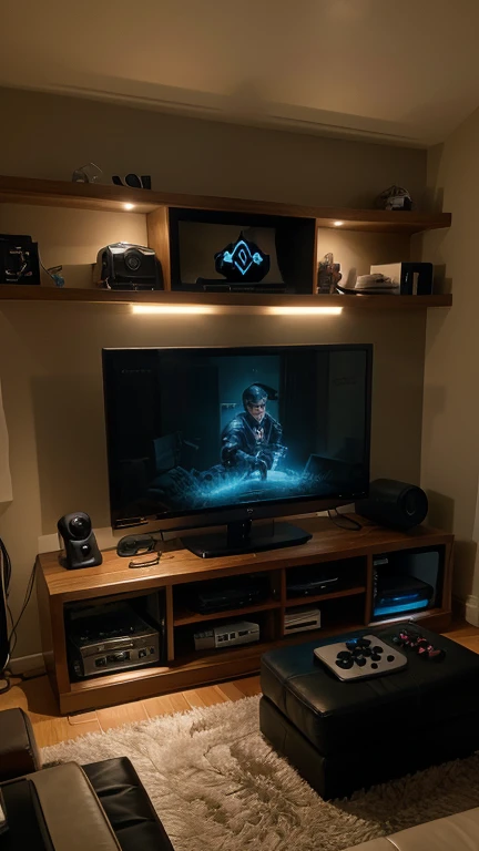 Themed gaming setup with custom artwork, a gaming console collection, and ambient lighting to match the theme