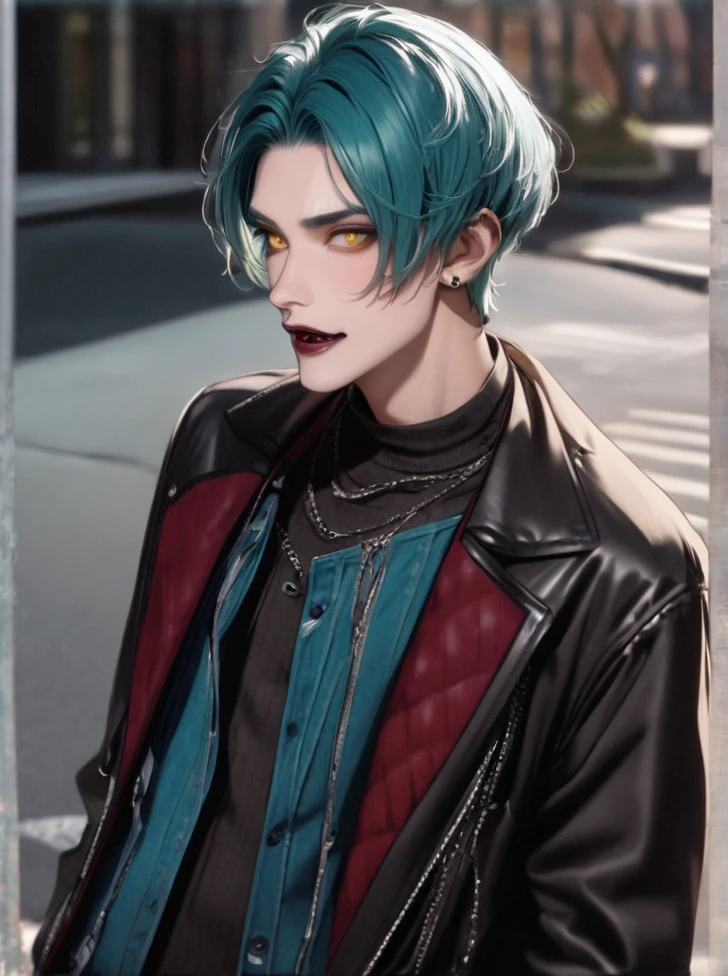    Boy (black and turquoise hair, short hair, yellow eyes, modern clothes, fashion clothes, a vampire)