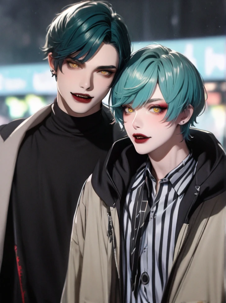    Boy (black and turquoise hair, short hair, yellow eyes, modern clothes, fashion clothes, a vampire)