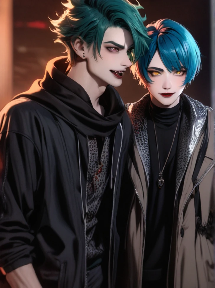 Boy (black and turquoise hair, short hair, yellow eyes, modern clothes, fashion clothes, a vampire)