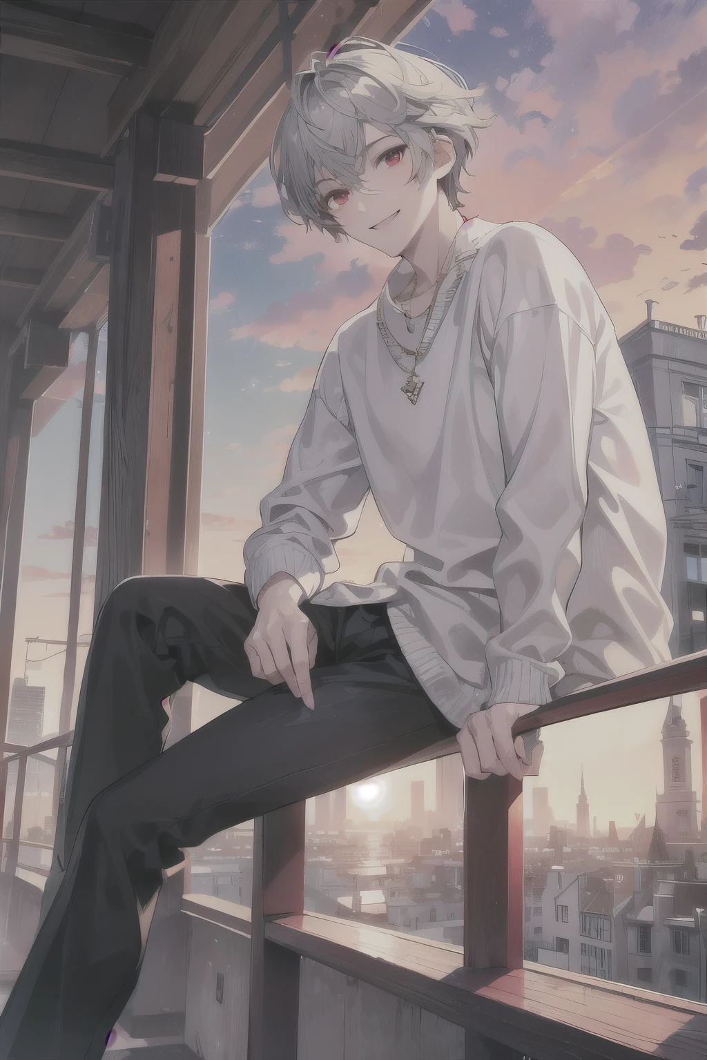 (masterpiece, Highest quality:1.2), (Ultra detailed face), (Very beautiful face), whole body, alone, Tall Boy, be patient, Male Focus, One boy, smile, I'm looking at my phone, Looking at cell phone,Gray Hair, Red eyes,Red Eyes, Clear eyes, Beautiful Eyes, Beautiful attention to detail, Wearing Louis Vuitton clothes, necklace,, Black trousers, Beautiful sky, Beautiful sky,Beautiful city,City, Dynamic Angle Information