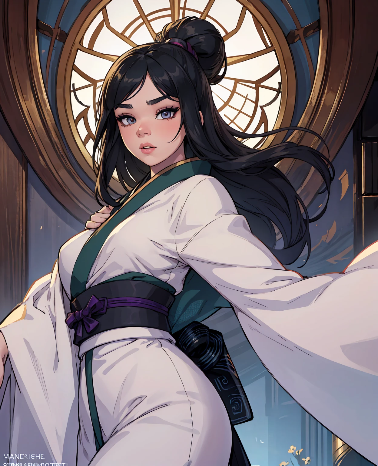 a beautiful detailed portrait of Hailee Steinfeld as Hinata from Naruto, long dark hair, pale skin, beautiful detailed eyes and face, extremely detailed features, gorgeous detailed lips, longeyelashes, looking directly at the viewer, beautiful detailed kimono, elegant pose, delicate features, serene expression, intricate background, highly detailed, photorealistic, dramatic lighting, vibrant colors, cinematic composition