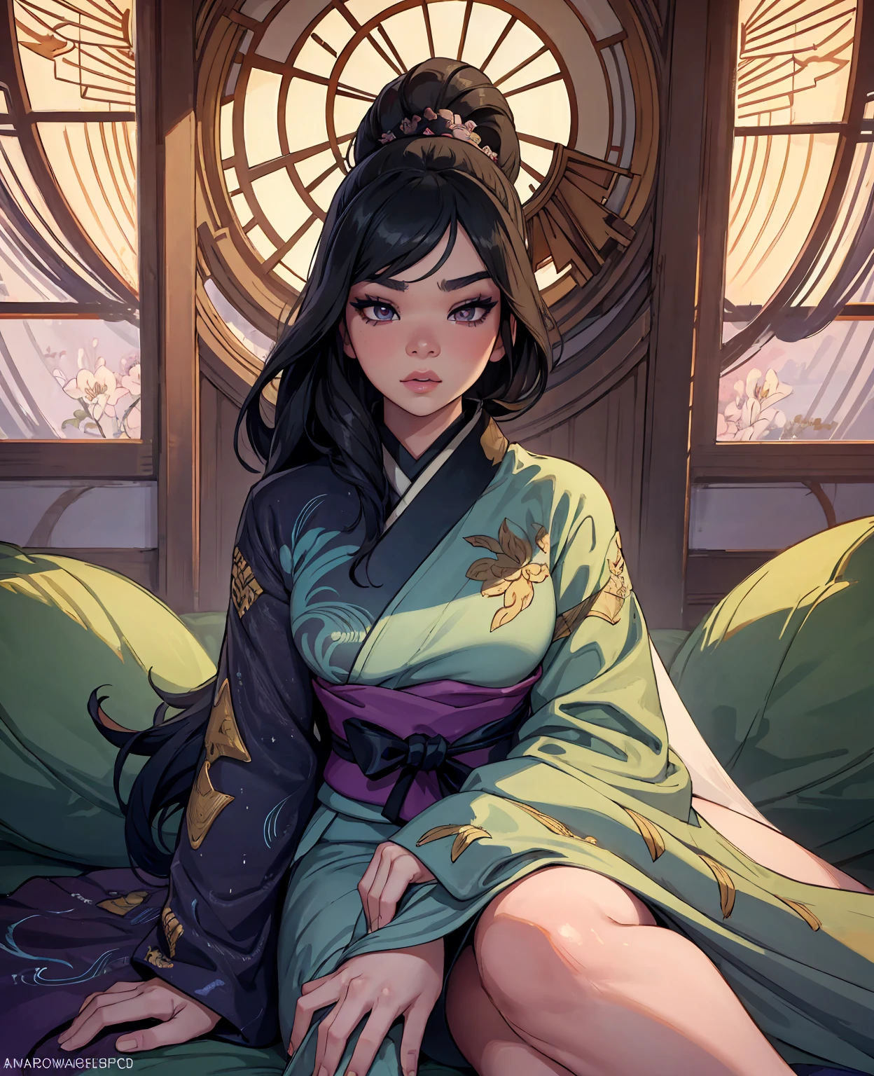 a beautiful detailed portrait of Hailee Steinfeld as Hinata from Naruto, long dark hair, pale skin, beautiful detailed eyes and face, extremely detailed features, gorgeous detailed lips, longeyelashes, looking directly at the viewer, beautiful detailed kimono, elegant pose, delicate features, serene expression, intricate background, highly detailed, photorealistic, dramatic lighting, vibrant colors, cinematic composition