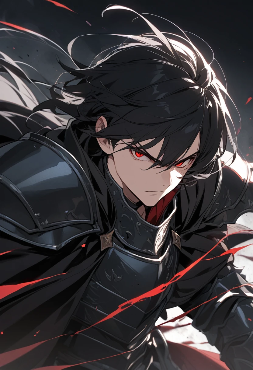 Solo-man, tall man, muscular, long messy black hair, red eyes, serious face, black plate armor, black cloak