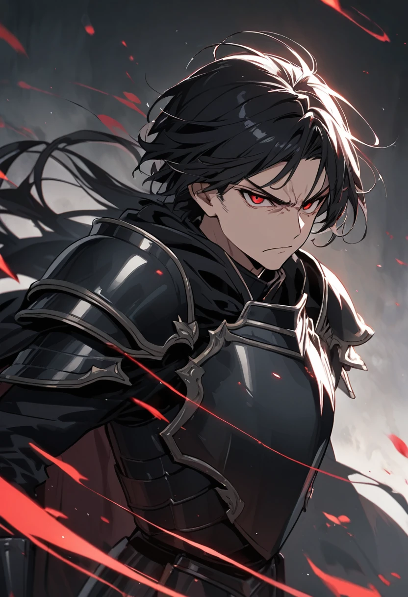 Solo-man, tall man, muscular, long messy black hair, red eyes, serious face, black plate armor, black cloak