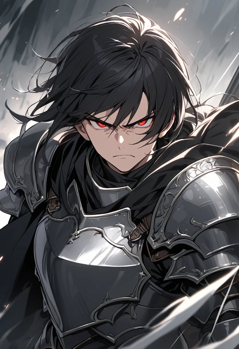 Solo-man, tall man, muscular, long messy black hair, red eyes, serious face, black plate armor, black cloak