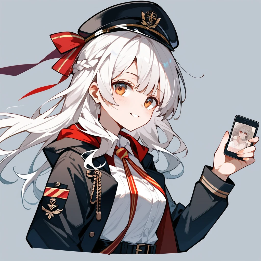 Fraction_9, Fraction_8_up, Fraction_7_up, Fraction_6_Direction_5_Direction_4_up, src_Japanese cartoons, Simple background, 1 Girl, Solitary, Hermione \(Azur Lane\), White hair, , Long hair, Black lace ribbon,Look at the camera