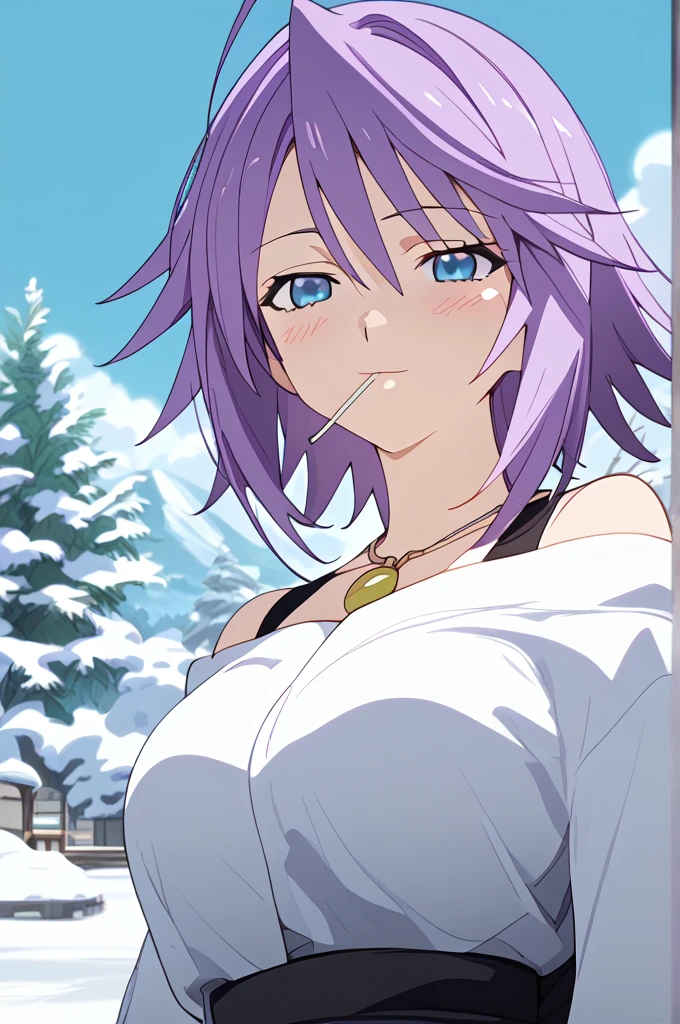 score_9, score_8_up, score_7_up, source anime, prefect lighting, very aesthetic, rating questionable,
1girl, shirayuki mizore, rosario+vampire, short hair, purple hair, blue eyes, anime screencap, lollipop,
Big breasts, blush, seductive smile, wearing a white yukata, long sleeves, necklace, lollipop, anime screencap, snowy landscape. FullHd, 8k