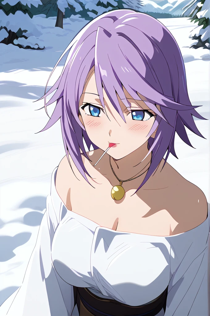 score_9, score_8_up, score_7_up, source anime, prefect lighting, very aesthetic, rating questionable,
1girl, shirayuki mizore, rosario+vampire, short hair, purple hair, blue eyes, anime screencap, lollipop,
Big breasts, blush, seductive smile, wearing a white yukata, long sleeves, necklace, lollipop, anime screencap, snowy landscape. FullHd, 8k