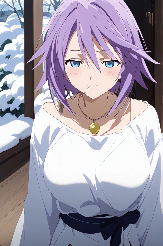 score_9, score_8_up, score_7_up, source anime, prefect lighting, very aesthetic, rating questionable,
1girl, shirayuki mizore, rosario+vampire, short hair, purple hair, blue eyes, anime screencap, lollipop,
Big breasts, blush, seductive smile, wearing a white yukata, long sleeves, necklace, lollipop, anime screencap, snowy landscape. FullHd, 8k