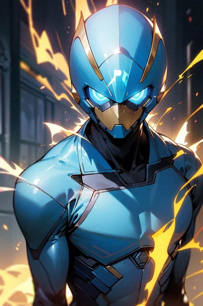 blue super hero suit, blue super hero helmet that covers head, young male, mature, adult, upper body, lean, street background, electronic chest glowing, speedster, gold and blue hero suit, blue lighting surrounding person