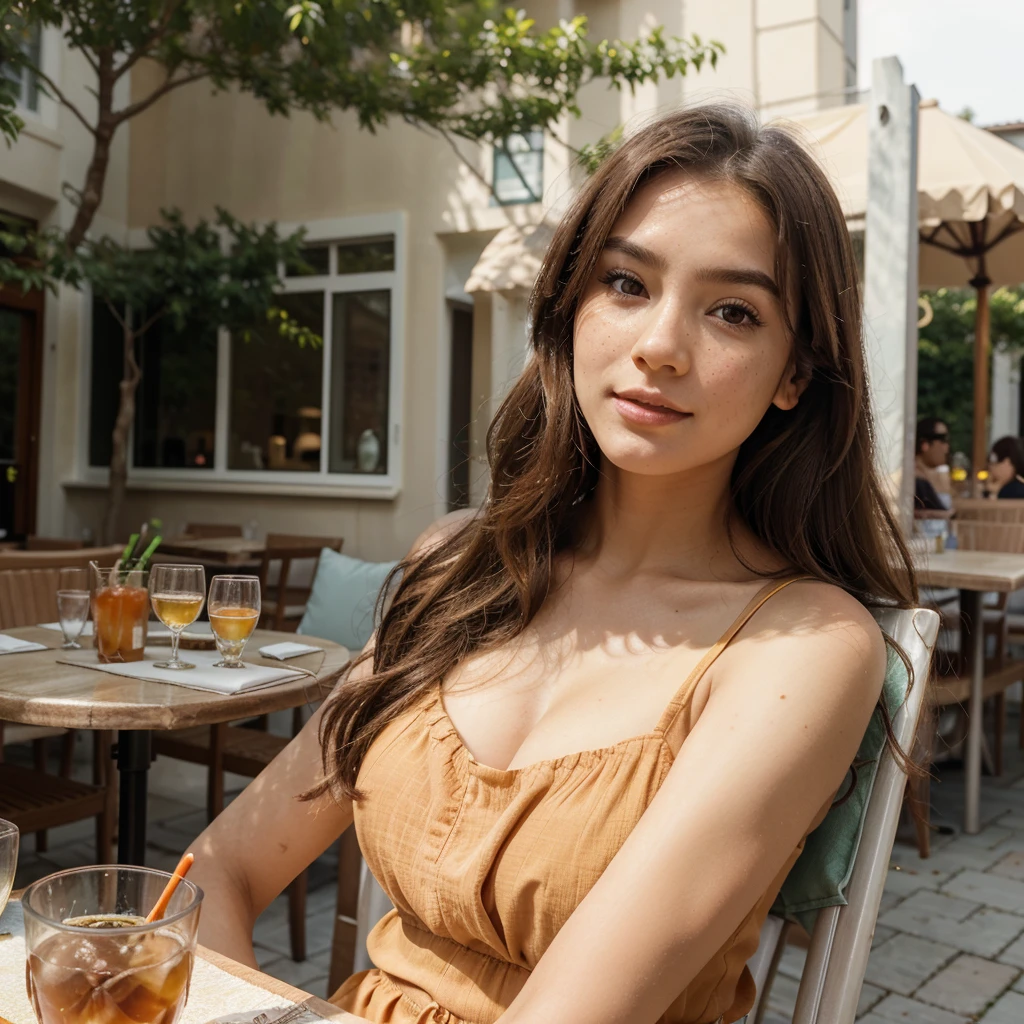 Create a very realistic and beautiful model with the following detailed features: Gender: Female, Age: Young adult (approximately 20-25 years old), Hair: Long, wavy and reddish with a natural shine, gently cascading around the shoulders and back back. . . . . . . . . . . , Eyes: Bright green with a captivating, slightly almond-shaped look, detailed with natural highlights, Skin: Fair complexion with a light texture, including natural freckles on the nose and cheeks, giving a youthful and vibrant appearance: Fair complexion with a light texture, including natural freckles on the nose and cheeks, giving a youthful and lively appearance, Face: with a smooth and natural contour, soft, full lips with a slight pinkish tint and a slightly delicate upturned nose, Expression : a gentle face, with a touch of mischief, which conveys warmth and approachability, Clothing: a flowing orange dress, bright orange color, Context: the model is on an elegant, flowery street, sitting at a table in an open-air restaurant , glass of iced tea on the table, , clear sunny day, view of trees in the background.
Pose: relaxed and confident posture, sitting at a table in an outdoor restaurant, glass of iced tea on the table, , clear sunny day, view of trees in the background.aesthetic, Unsplash, Neoclassicism, Background complex, Best quality, hyper detailed, Gratty Sita, 64K, Light design