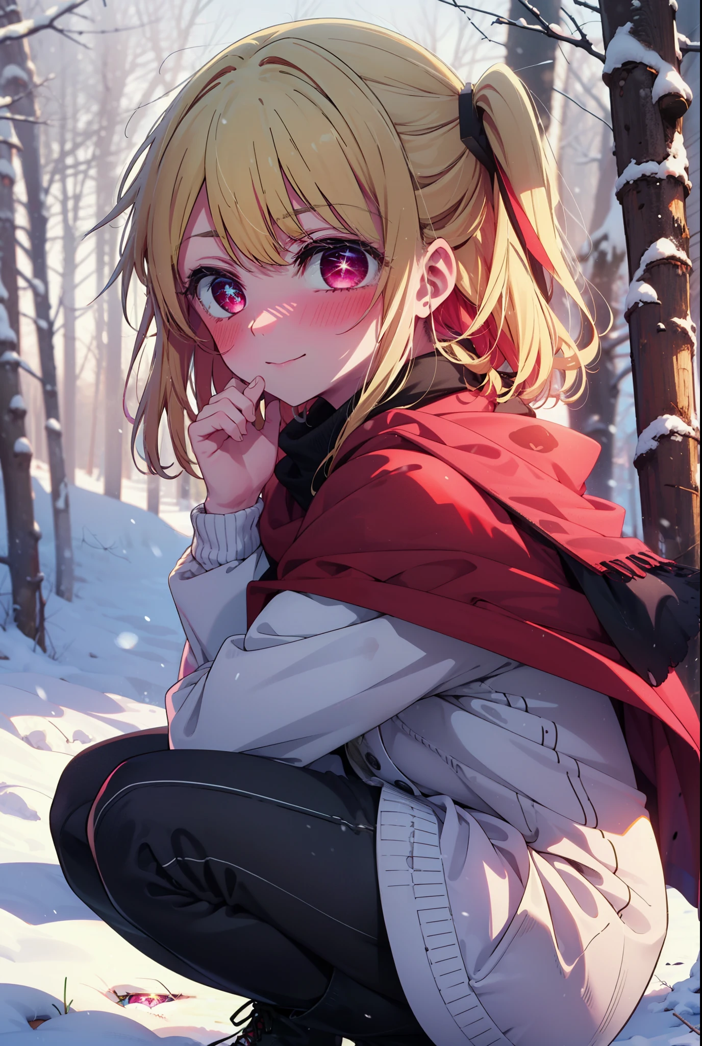 rubyhoshino, Hoshino Ruby, Long Hair, bangs, blonde, (Pink Eyes:1.3), Side Lock, (Symbol-shaped pupil:1.5), Multicolored Hair, Two-tone hair, smile,,smile,blush,white breath,
Open your mouth,snow,Ground bonfire, Outdoor, boots, snowing, From the side, wood, suitcase, Cape, Blurred, , forest, White handbag, nature, Squat, Mouth closed, Cape, winter, Written boundary depth, Black shoes, red Cape break looking at viewer, Upper Body, whole body, break Outdoor, forest, nature, break (masterpiece:1.2), Highest quality, High resolution, unity 8k wallpaper, (shape:0.8), (Beautiful and beautiful eyes:1.6), Highly detailed face, Perfect lighting, Highly detailed CG, (Perfect hands, Perfect Anatomy),