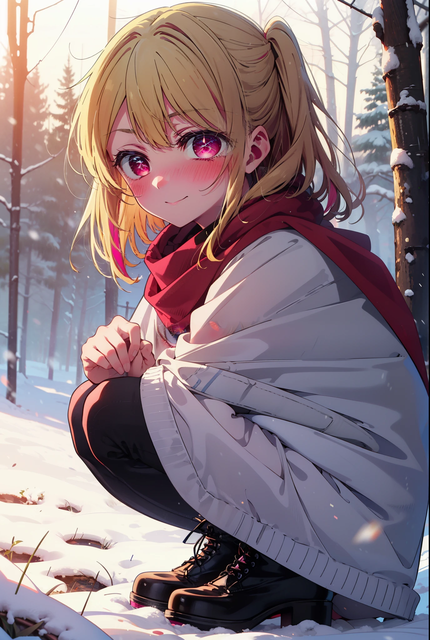 rubyhoshino, Hoshino Ruby, Long Hair, bangs, blonde, (Pink Eyes:1.3), Side Lock, (Symbol-shaped pupil:1.5), Multicolored Hair, Two-tone hair, smile,,smile,blush,white breath,
Open your mouth,snow,Ground bonfire, Outdoor, boots, snowing, From the side, wood, suitcase, Cape, Blurred, , forest, White handbag, nature, Squat, Mouth closed, Cape, winter, Written boundary depth, Black shoes, red Cape break looking at viewer, Upper Body, whole body, break Outdoor, forest, nature, break (masterpiece:1.2), Highest quality, High resolution, unity 8k wallpaper, (shape:0.8), (Beautiful and beautiful eyes:1.6), Highly detailed face, Perfect lighting, Highly detailed CG, (Perfect hands, Perfect Anatomy),