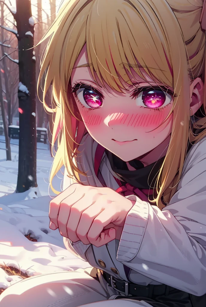 rubyhoshino, Hoshino Ruby, Long Hair, bangs, blonde, (Pink Eyes:1.3), Side Lock, (Symbol-shaped pupil:1.5), Multicolored Hair, Two-tone hair, smile,,smile,blush,white breath,
Open your mouth,snow,Ground bonfire, Outdoor, boots, snowing, From the side, wood, suitcase, Cape, Blurred, , forest, White handbag, nature, Squat, Mouth closed, Cape, winter, Written boundary depth, Black shoes, red Cape break looking at viewer, Upper Body, whole body, break Outdoor, forest, nature, break (masterpiece:1.2), Highest quality, High resolution, unity 8k wallpaper, (shape:0.8), (Beautiful and beautiful eyes:1.6), Highly detailed face, Perfect lighting, Highly detailed CG, (Perfect hands, Perfect Anatomy),
