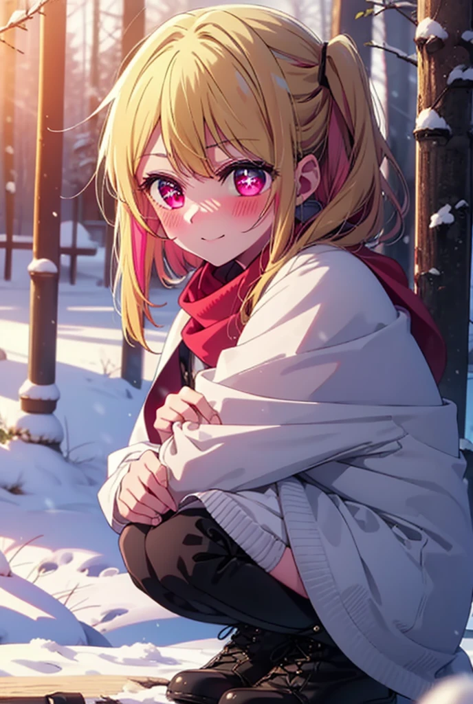 rubyhoshino, Hoshino Ruby, Long Hair, bangs, blonde, (Pink Eyes:1.3), Side Lock, (Symbol-shaped pupil:1.5), Multicolored Hair, Two-tone hair, smile,,smile,blush,white breath,
Open your mouth,snow,Ground bonfire, Outdoor, boots, snowing, From the side, wood, suitcase, Cape, Blurred, , forest, White handbag, nature,  Squat, Mouth closed, Cape, winter, Written boundary depth, Black shoes, red Cape break looking at viewer, Upper Body, whole body, break Outdoor, forest, nature, break (masterpiece:1.2), Highest quality, High resolution, unity 8k wallpaper, (shape:0.8), (Beautiful and beautiful eyes:1.6), Highly detailed face, Perfect lighting, Highly detailed CG, (Perfect hands, Perfect Anatomy),